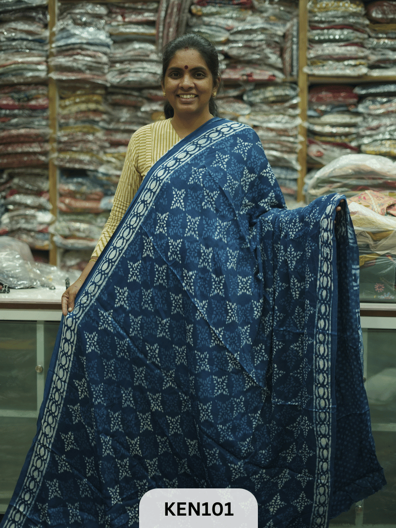 MODAL INDIGO DABU HANDBLOCK PRINT SAREE - NATURAL PROCESS