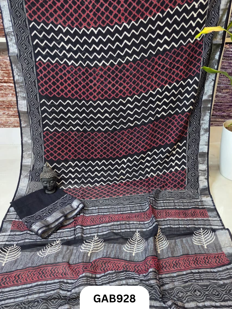 Bagru Handblock Print Linen Saree With Attached Blouse