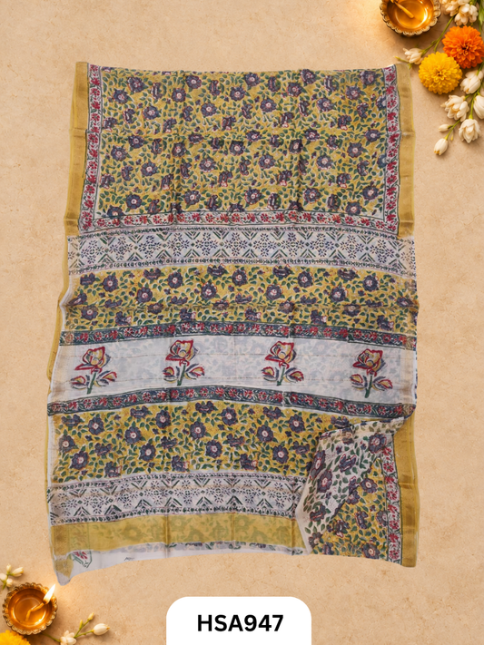Pure Maheswari Silk Cotton - Handblock Print Saree With Blouse