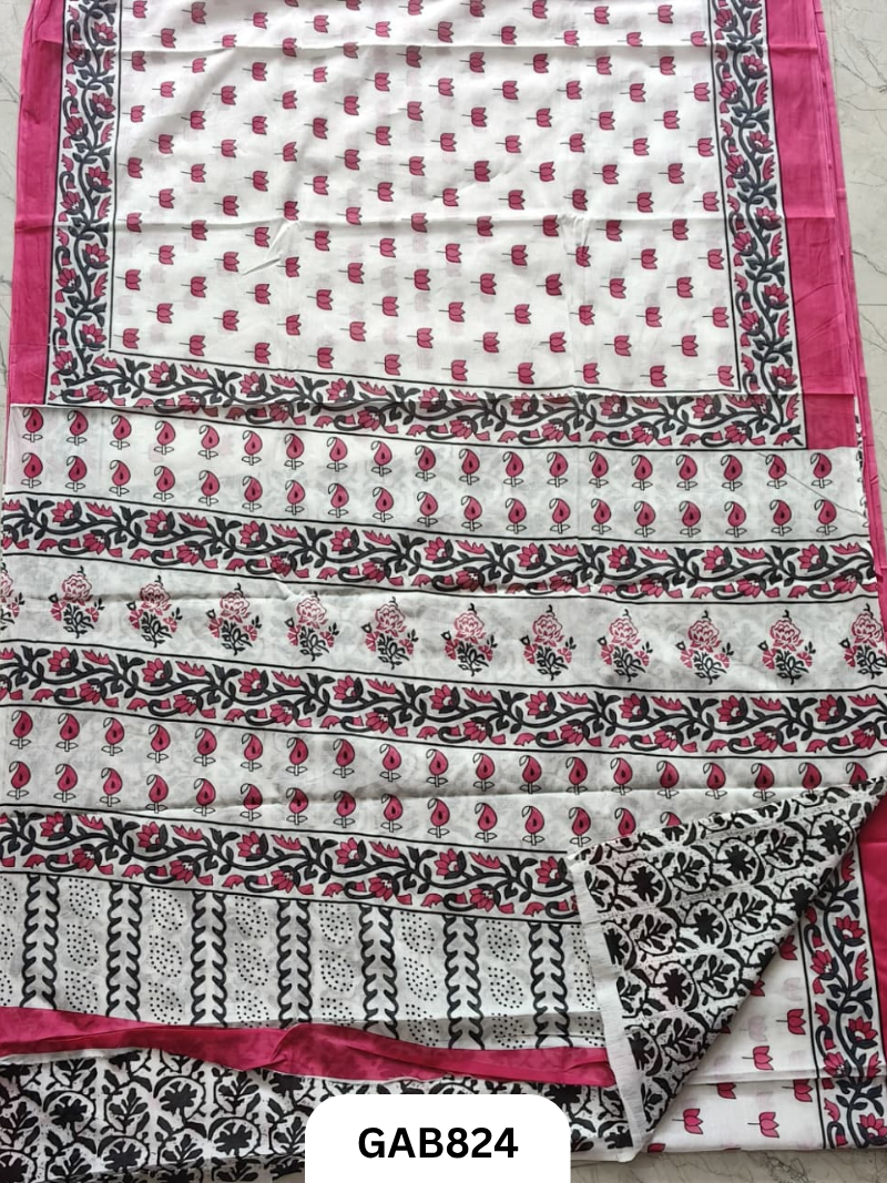 Bagru Block Print Cotton Mulmul Sarees With Running Blouse
