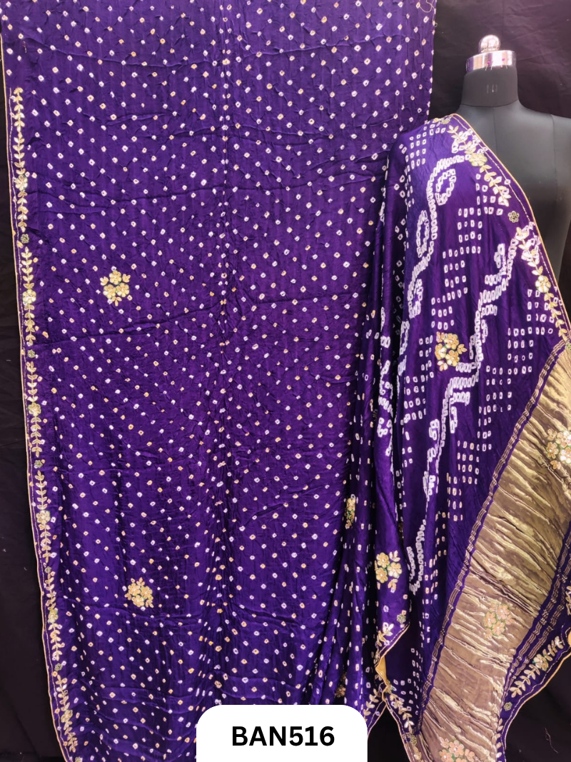 Semi gaji silk tissue pallu dani bandhej saree with khatli handwork
