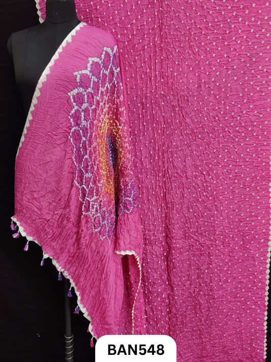 Semi Gaji Silk Multicolor Gul Pallu Bandhej Saree With Hand Tussels