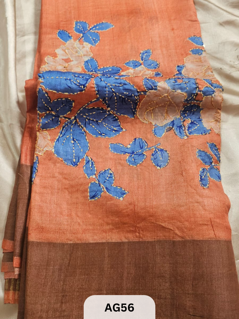 PURE TUSSAR WITH BORDER | SPECIAL HAND PAINT |HAND KANTHA STITCH | SILK MARK