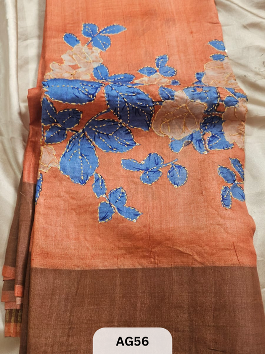 PURE TUSSAR WITH BORDER | SPECIAL HAND PAINT |HAND KANTHA STITCH | SILK MARK