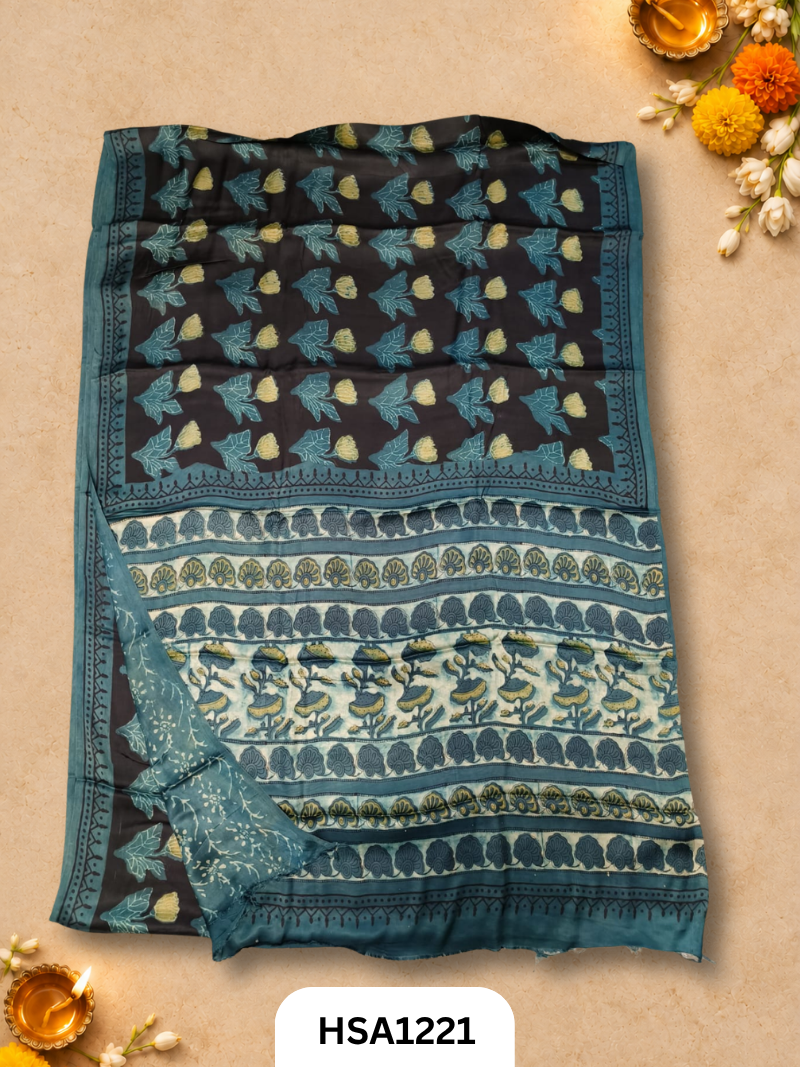 Hand Block Print Ajarkh Vanaspati Modal Silk Saree with blouse
