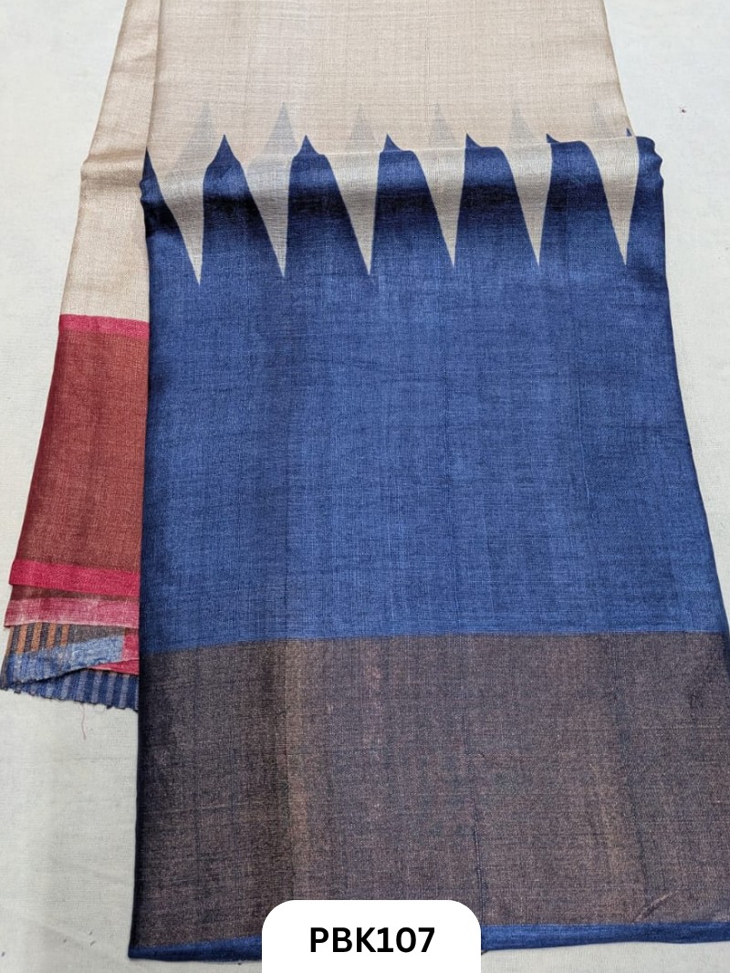 Premium Pure Tussar Silk Handblock Print Saree – Kolkata Special