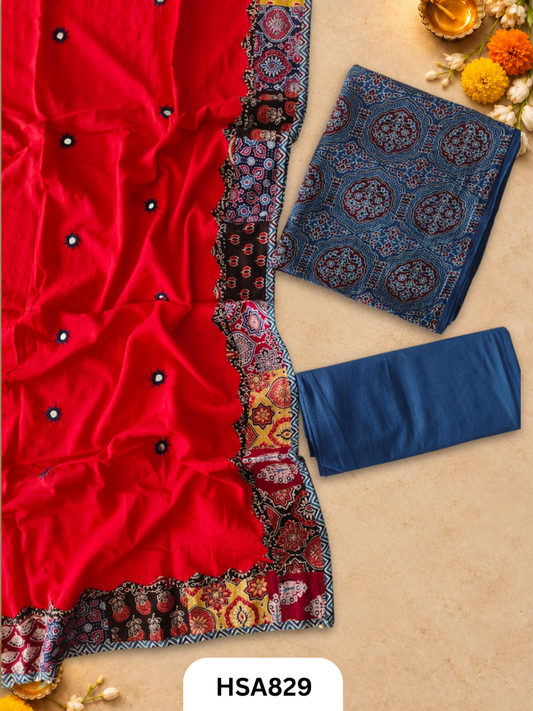 Ajrahk Print With Patch Work And Mirror Work Dupatta