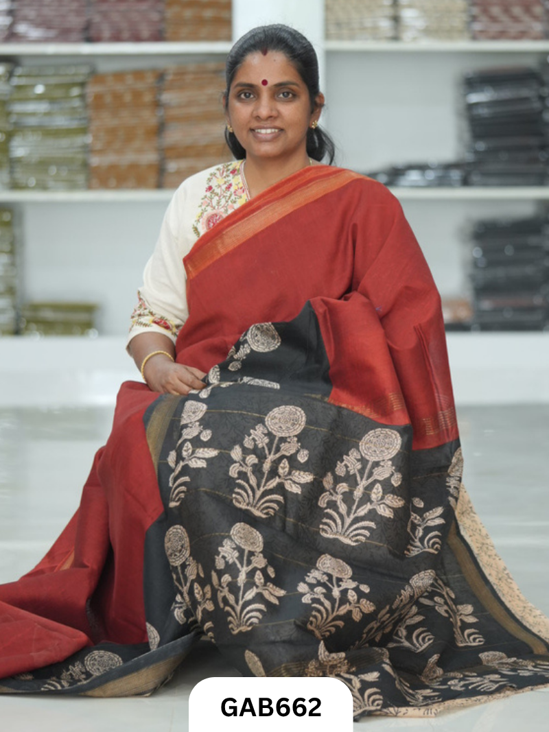Hand Block Printed Maheshwari Silk Saree