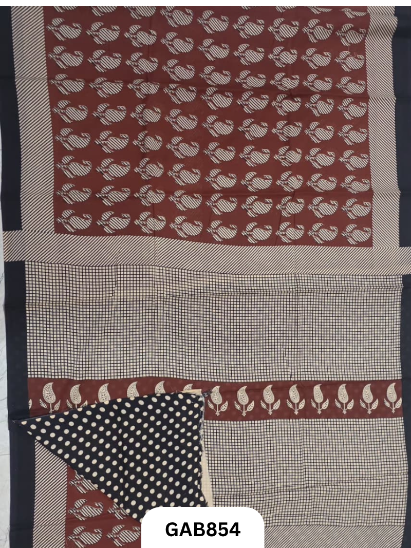 Bagru Block Print Cotton Mulmul Sarees With Running Blouse