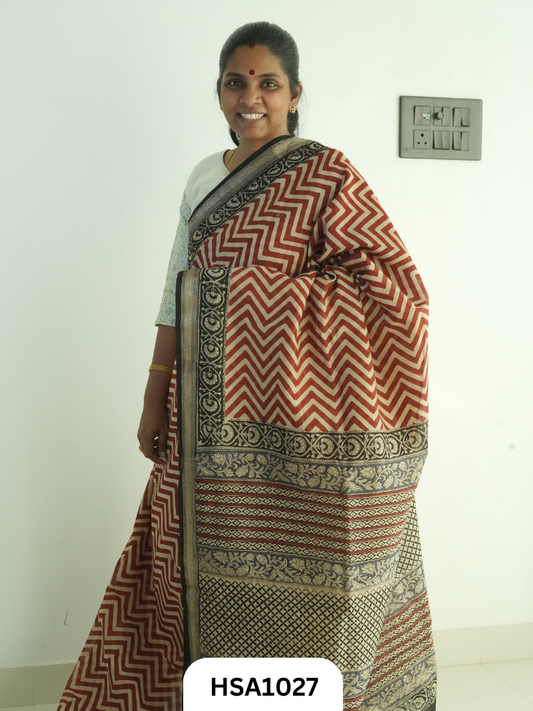 Pure Maheswari Silk Cotton - Handblock Print Saree With Blouse