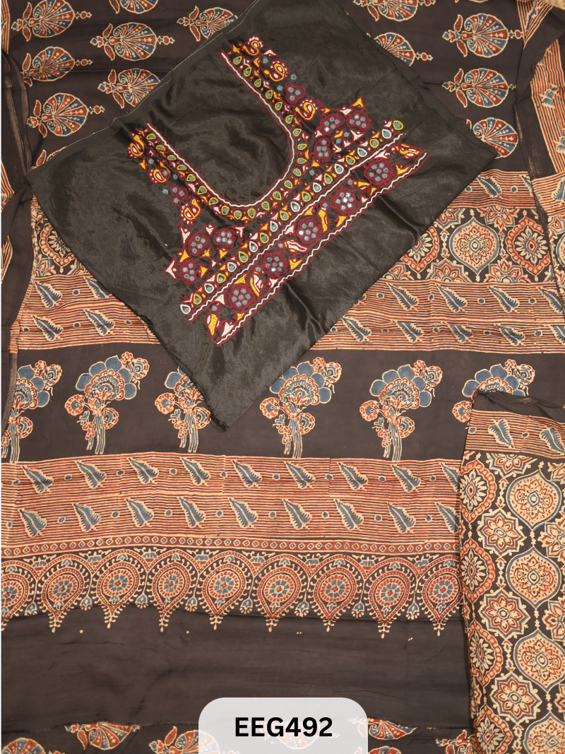 AJRAKH MODAL SAREE WITH KUTCHI HANDWORK BLOUSE PIECE EXTRA