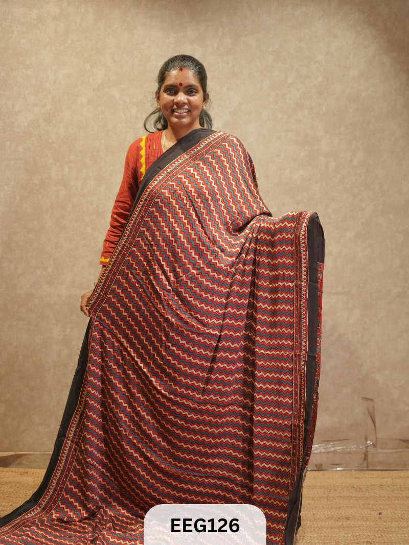 AJRAKH MODAL SAREE WITH KHATLI HANDWORK