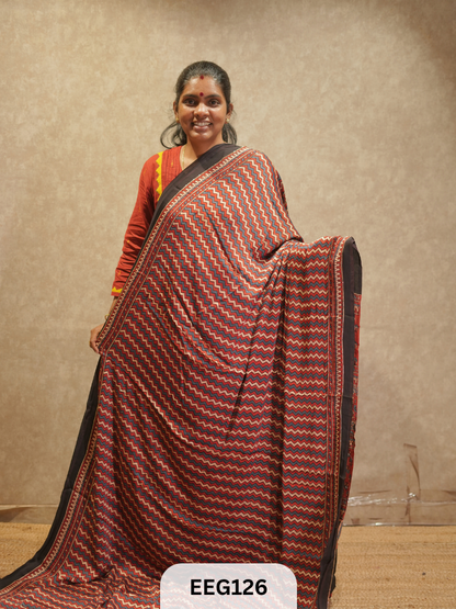 AJRAKH MODAL SAREE WITH KHATLI HANDWORK