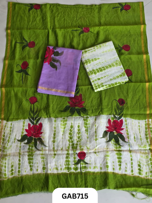 Hand Block Chanderi Silk Dress Materials Top 2.5 Mtrs Duptta 2.5 Mtrs