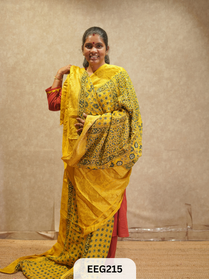 AJRAKH DOLA SILK SAREE WITH MIRROR WORK - IMMEDIATE DISPATCH