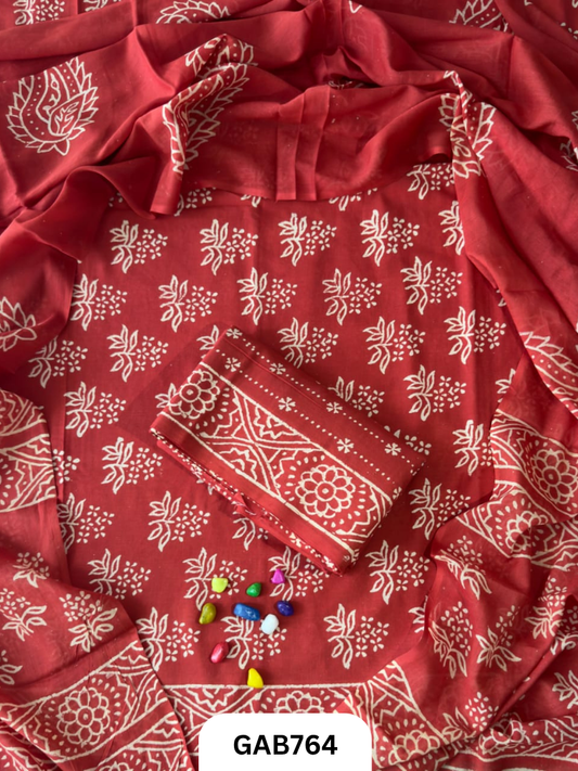 Handblock Cotton Suits With Mulmul Cotton Dupatta | Top 2.5 Mtr Dupatta 2.5 Mtr
