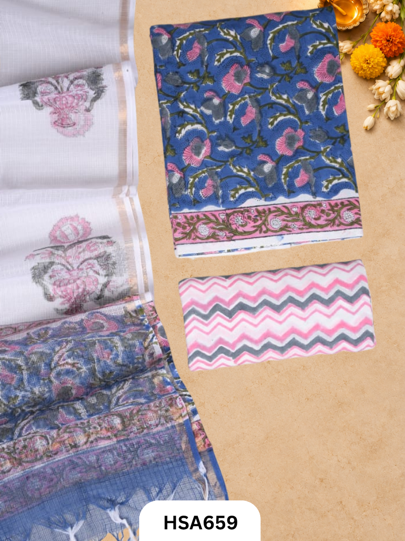 Handblock Printed Kota Doriya Dupatta With Cotton Suits Top 2.5mtr Dupatta 2.5mtr