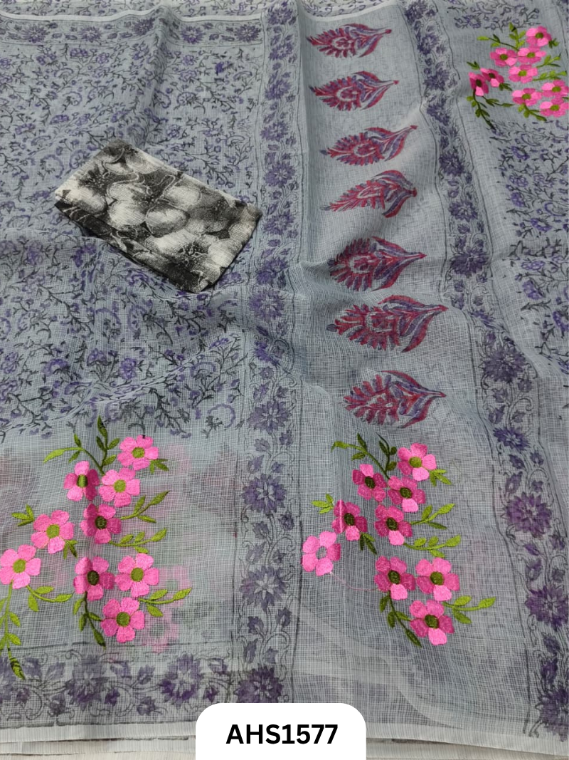Kota Cotton Embroidery + Printed Saree