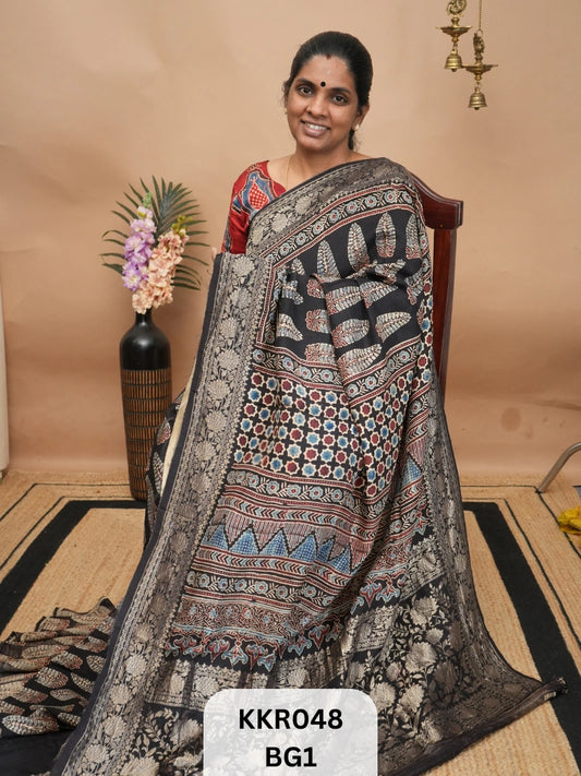 DOLA SILK - KHADI BORDER  AJRAKH HANDBLOCK PRINT