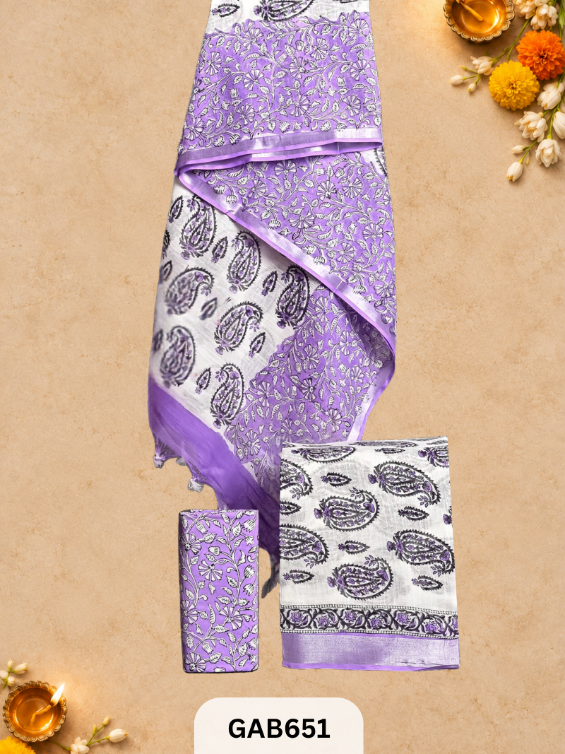 Bagru Hand Block Printed Linen Suits With Zari Border