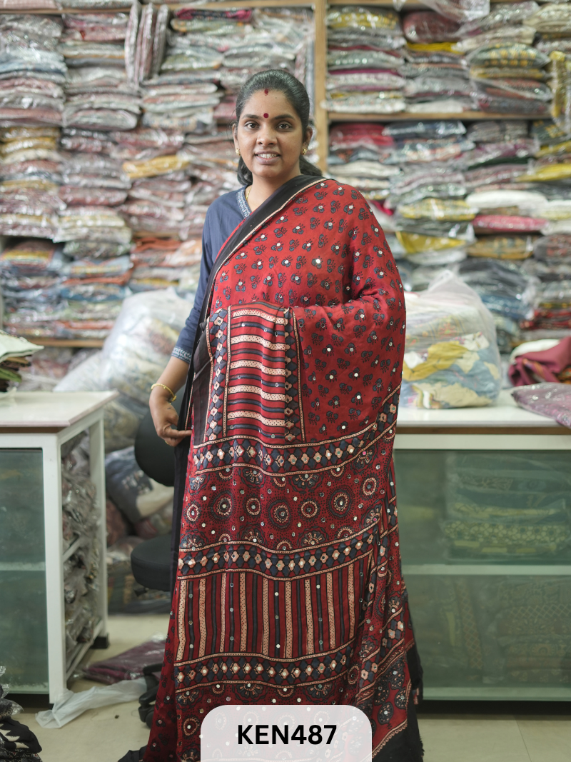 MODAL NATURAL AJRAKH HANDBLOCK SAREE WITH GLUE MIRROR