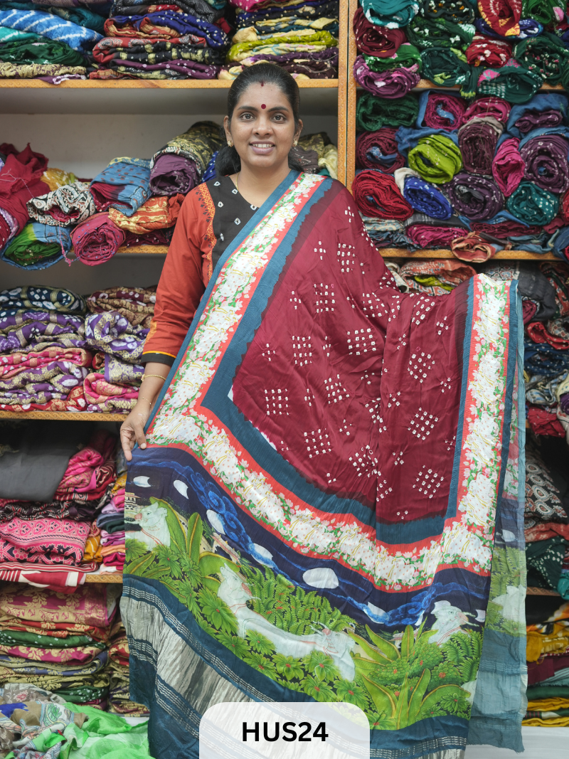 BANDHANI WITH KALAMKARI DIGITAL PRINT BORDER LAGDI PATTA