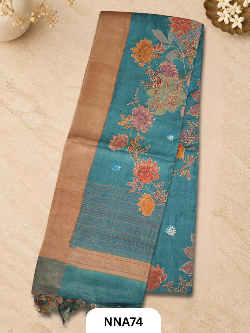 Handloom Pure Tussar Silk - Bullion With Kantha Stitch Saree