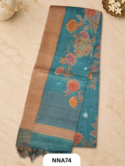 Handloom Pure Tussar Silk - Bullion With Kantha Stitch Saree