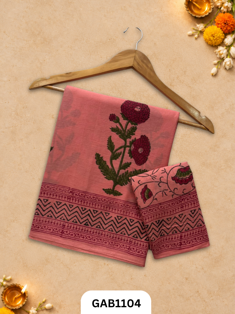 Bagru Handblock Print Mulmul Cotton Saree With Blouse