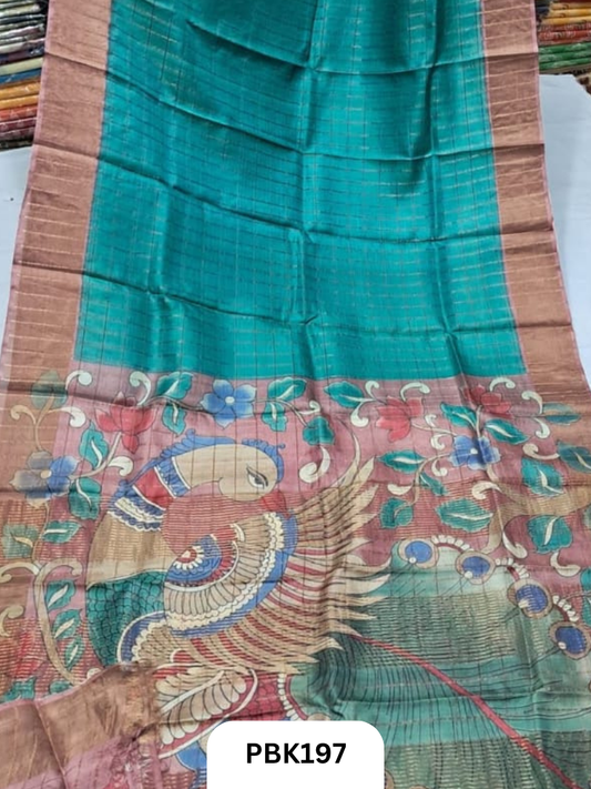Pure Tussar Silk Saree with Checked design  Plain Body with Kalamkari Design in Pallu