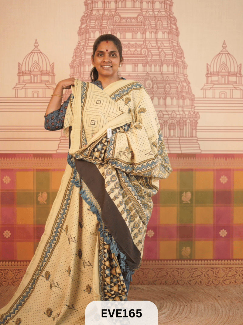 PURE CHANDERI SILK AJRAKH HANDBLOCK SAREE