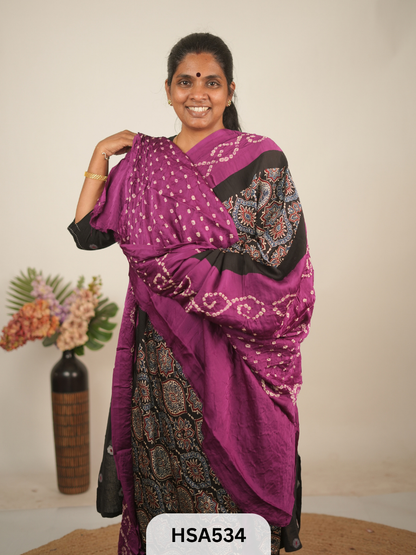 MODAL AJRAKH WITH BANDHINI SAREE