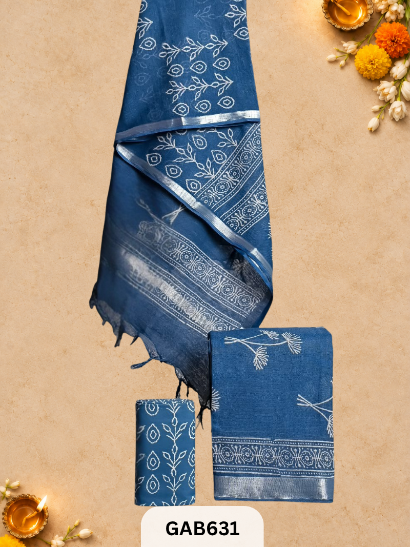 Bagru Hand Block Printed Linen Suits With Zari Border