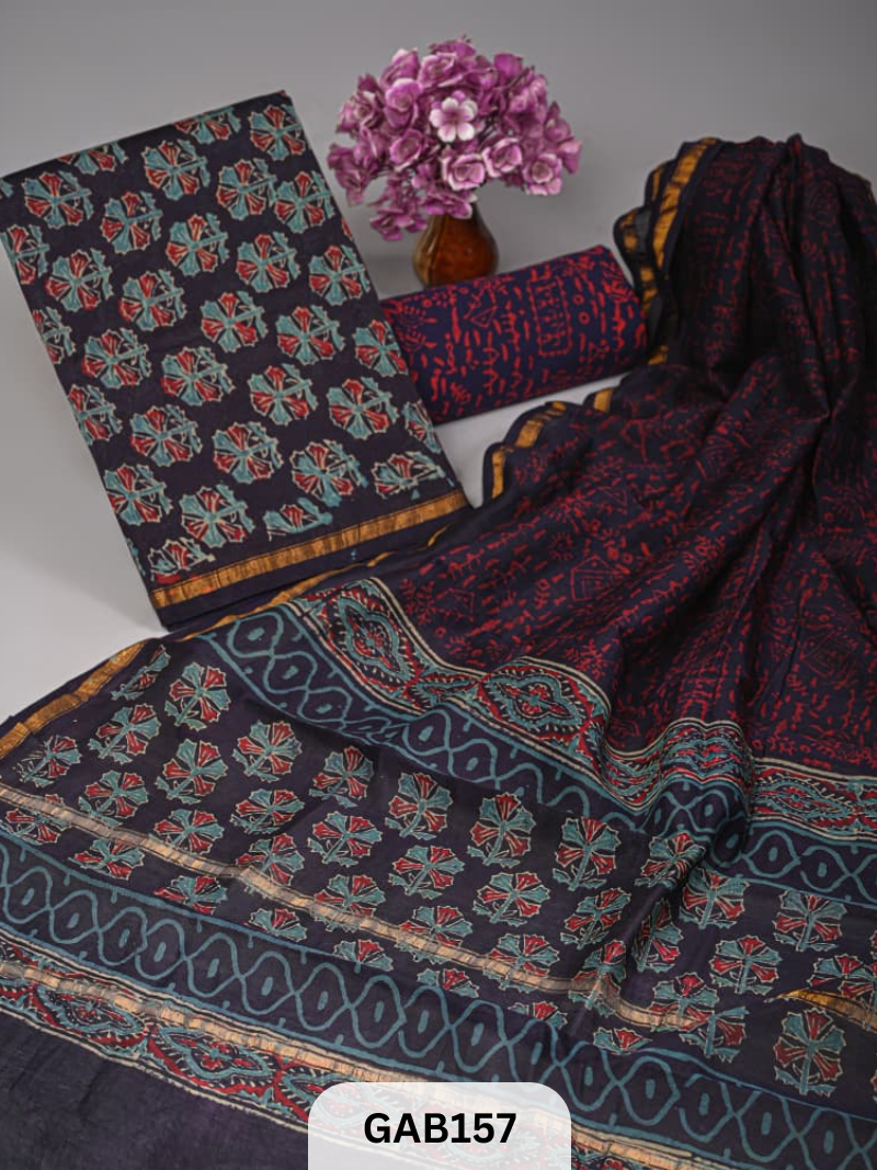 NEW HAND BLOCK CHANDERI SILK | 3 PCS SUIT