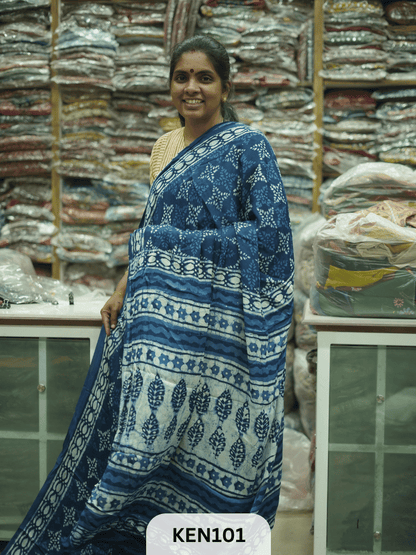 MODAL INDIGO DABU HANDBLOCK PRINT SAREE - NATURAL PROCESS