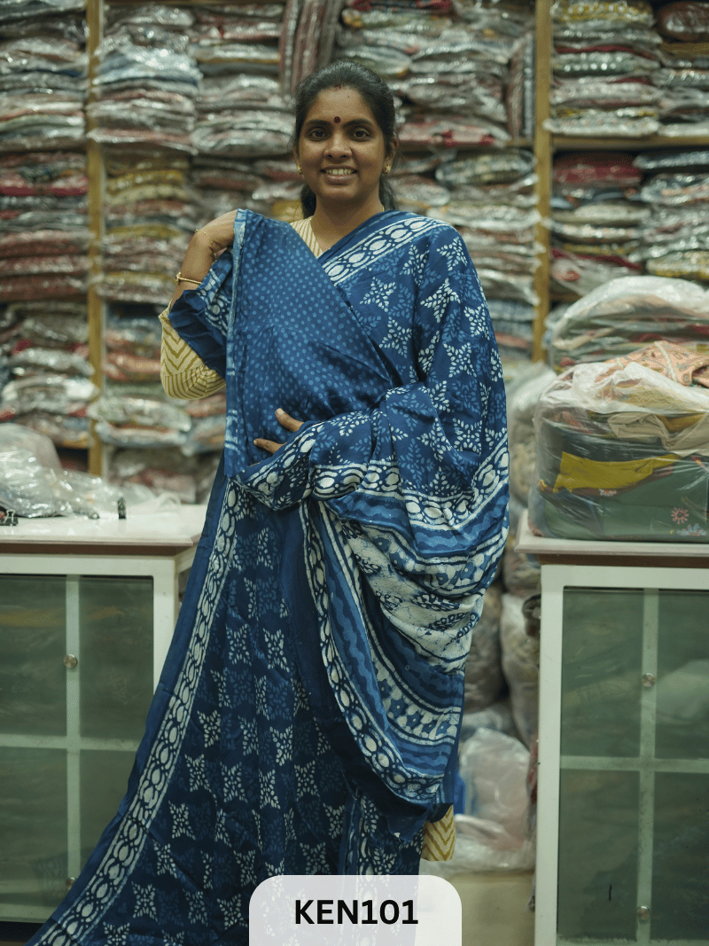MODAL INDIGO DABU HANDBLOCK PRINT SAREE - NATURAL PROCESS