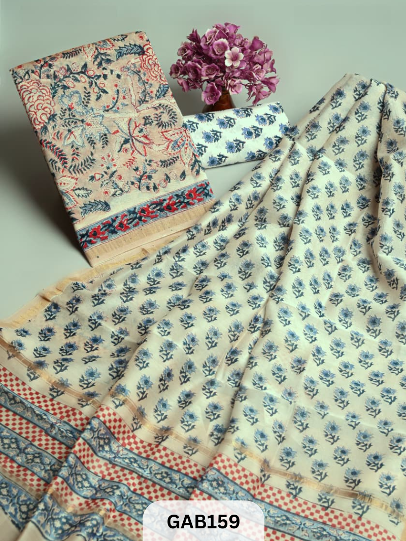 NEW HAND BLOCK CHANDERI SILK | 3 PCS SUIT
