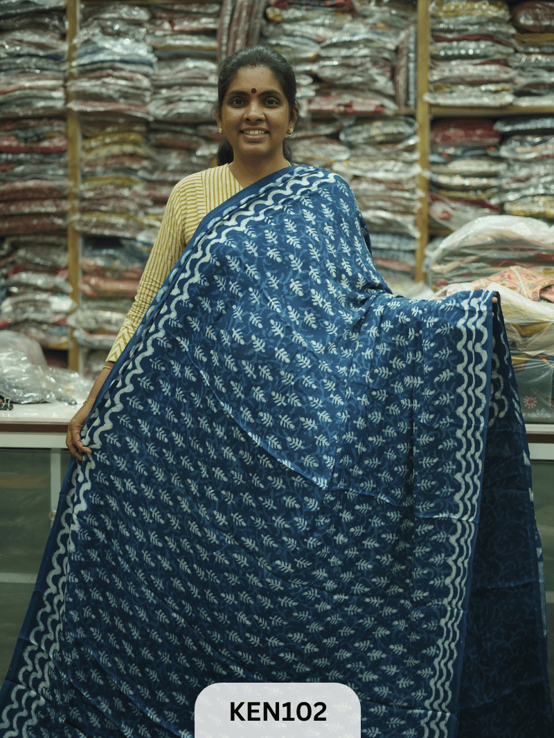MODAL INDIGO DABU HANDBLOCK PRINT SAREE - NATURAL PROCESS