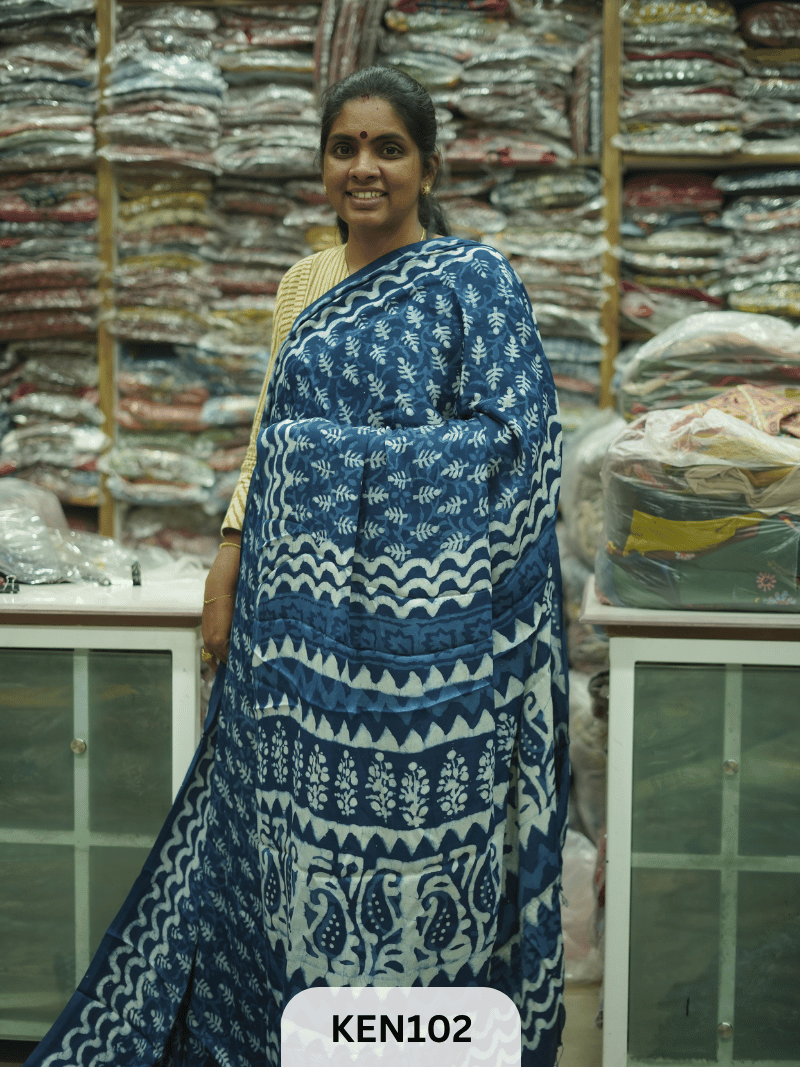 MODAL INDIGO DABU HANDBLOCK PRINT SAREE - NATURAL PROCESS