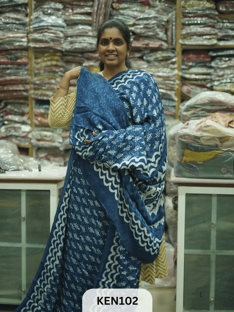 MODAL INDIGO DABU HANDBLOCK PRINT SAREE - NATURAL PROCESS