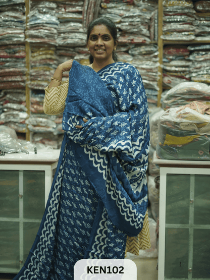MODAL INDIGO DABU HANDBLOCK PRINT SAREE - NATURAL PROCESS