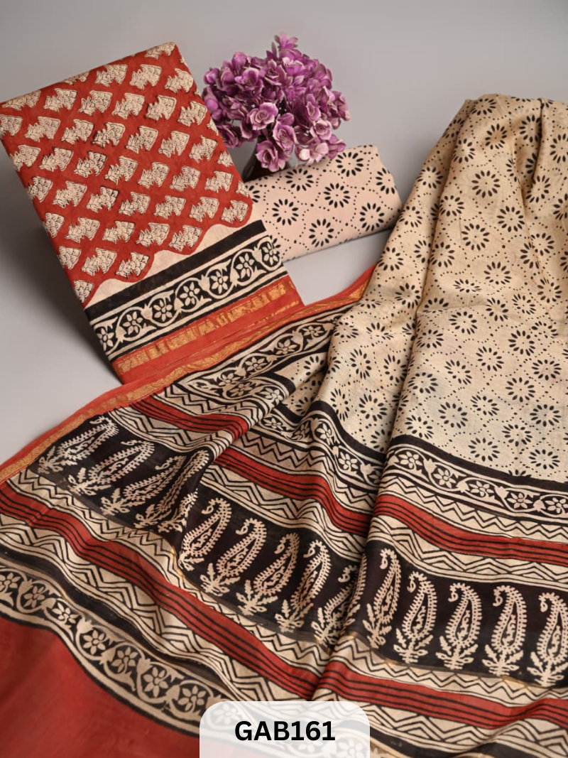 NEW HAND BLOCK CHANDERI SILK | 3 PCS SUIT
