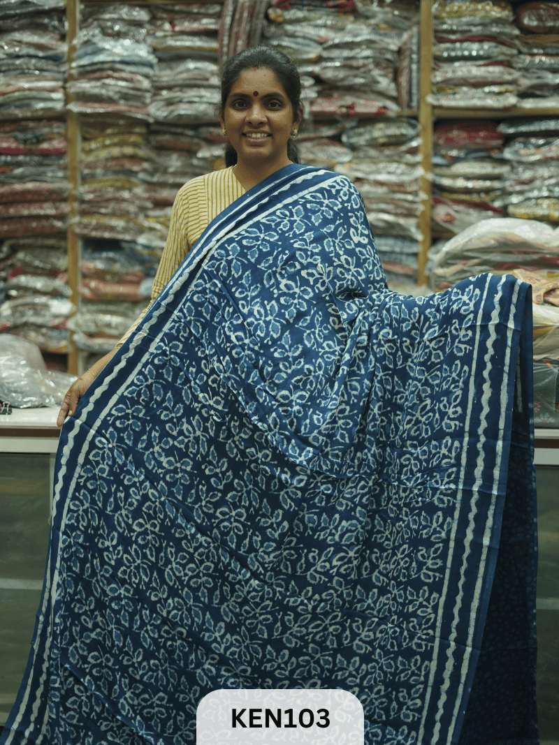 MODAL INDIGO DABU HANDBLOCK PRINT SAREE - NATURAL PROCESS