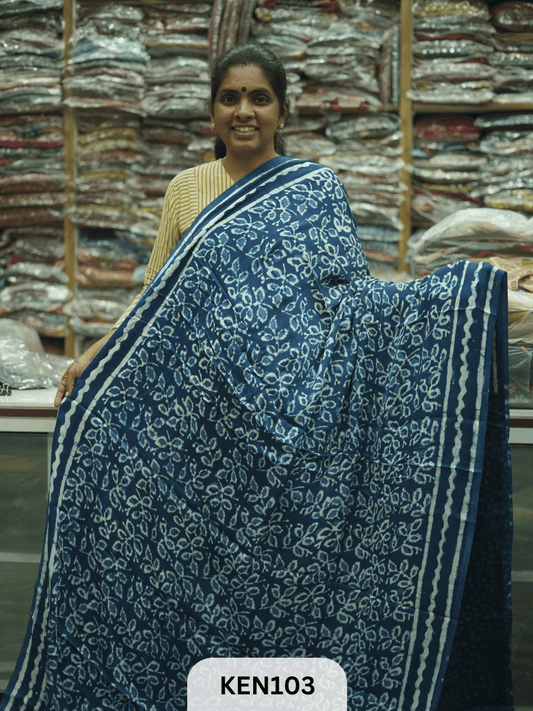 MODAL INDIGO DABU HANDBLOCK PRINT SAREE - NATURAL PROCESS