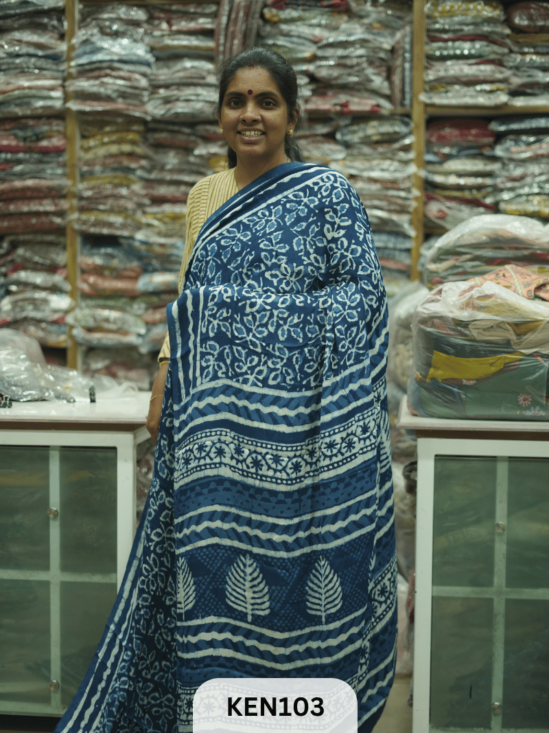 MODAL INDIGO DABU HANDBLOCK PRINT SAREE - NATURAL PROCESS