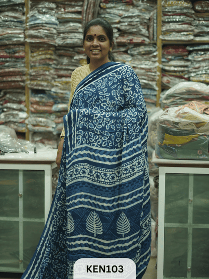 MODAL INDIGO DABU HANDBLOCK PRINT SAREE - NATURAL PROCESS