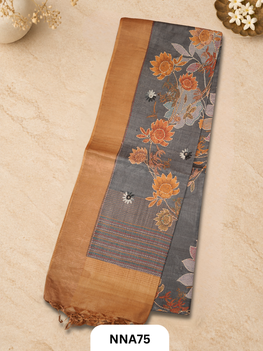 Handloom Pure Tussar Silk - Bullion With Kantha Stitch Saree