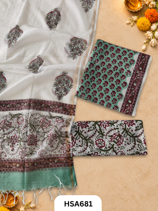 Handblock Printed Kota Doriya Dupatta With Cotton Suits Top 2.5mtr Dupatta 2.5mtr