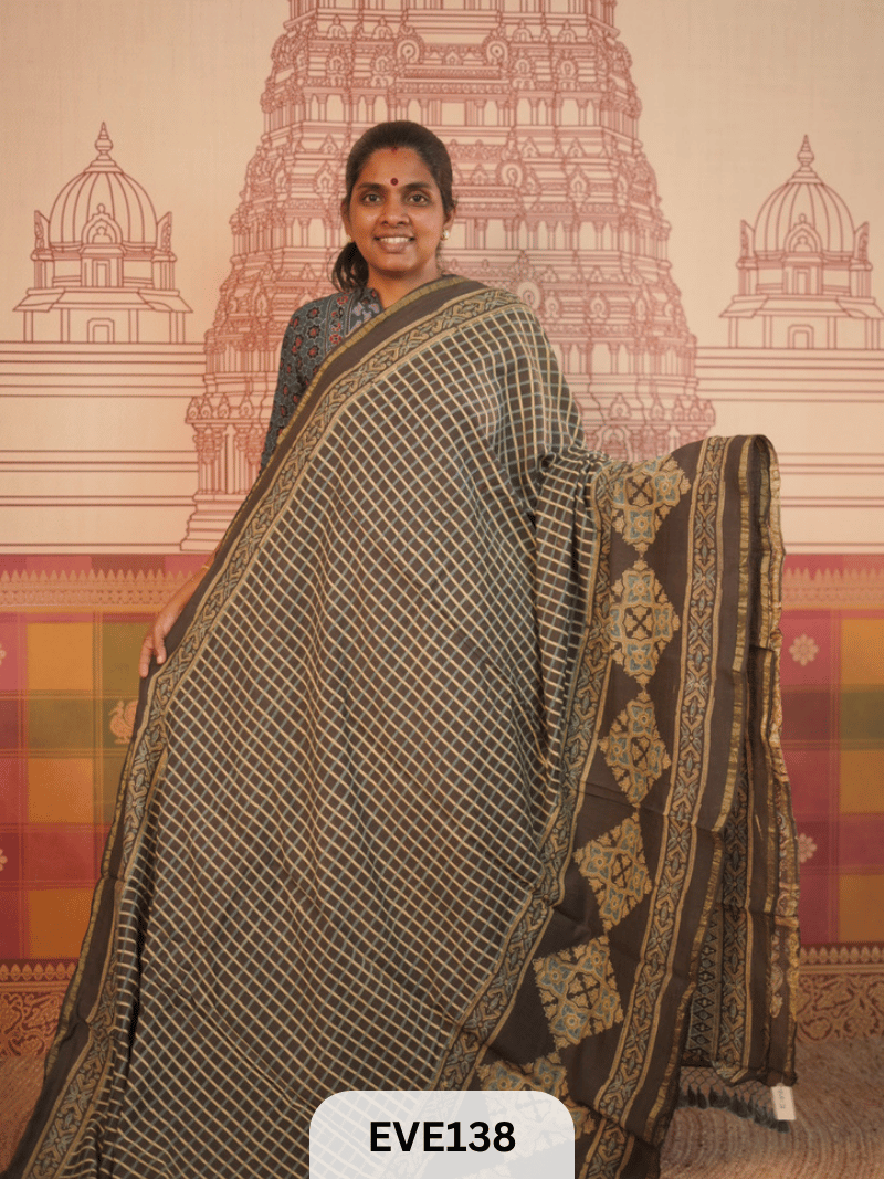 PURE CHANDERI SILK AJRAKH HANDBLOCK SAREE
