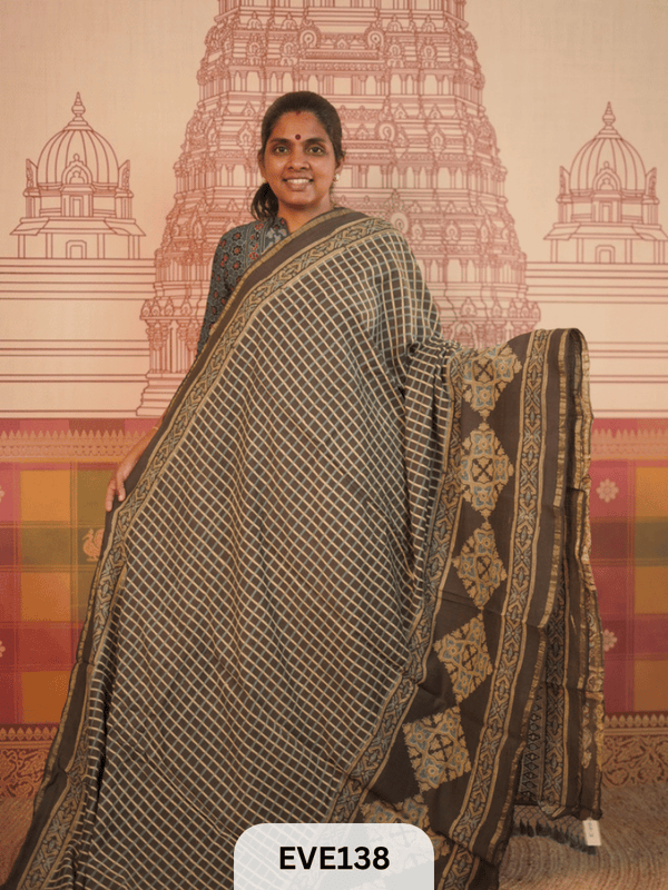 PURE CHANDERI SILK AJRAKH HANDBLOCK SAREE